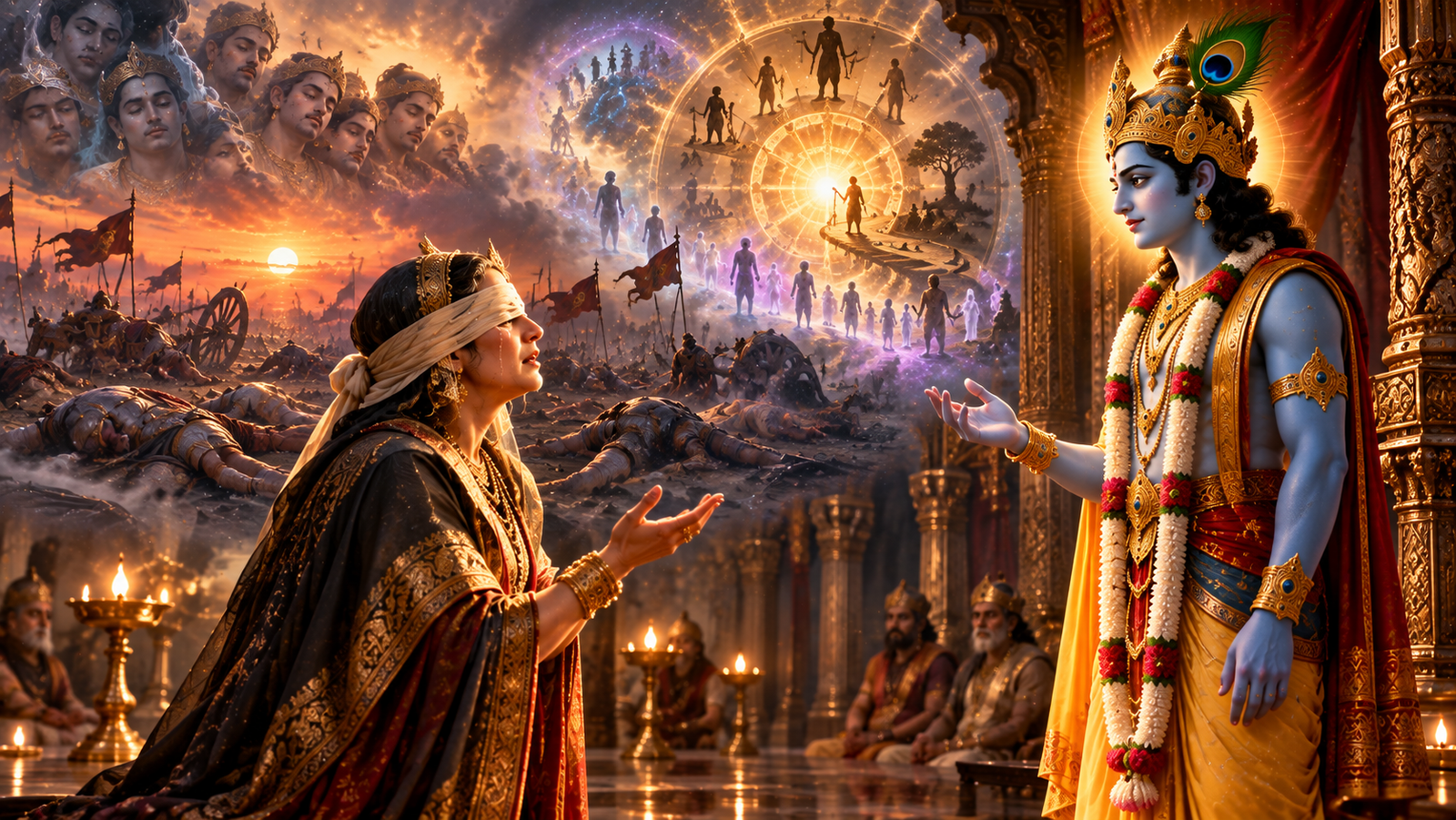 Gandhari asks Krishna about the suffering connected with the destruction of her family